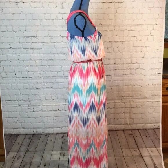 Maurices Maxi Dress Cross Back Blue & Pink Zig Zag Stripes w/ Belt Small - Picture 3 of 6
